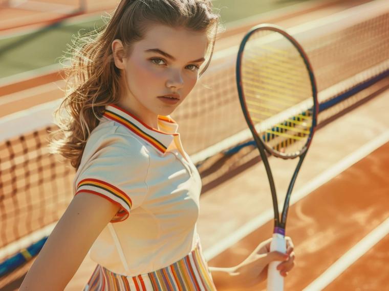 A stylish young woman stands confidently on a sunny tennis court, holding a tennis racket. the image captures a vibrant, sporty aesthetic with a retro touch.
