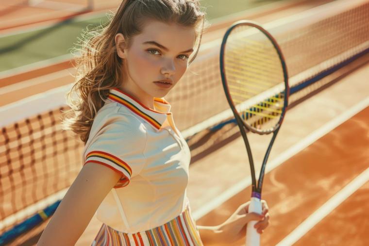 A stylish young woman stands confidently on a sunny tennis court, holding a tennis racket. the image captures a vibrant, sporty aesthetic with a retro touch.