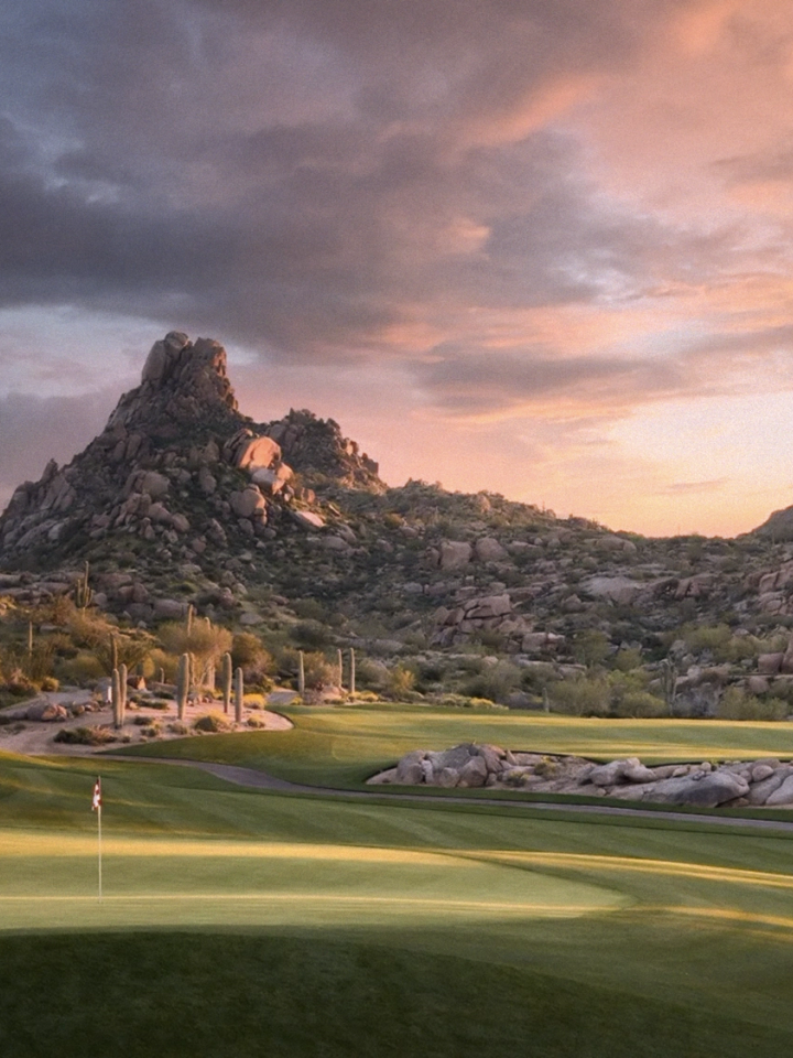 Pinnacle Peak at sunset above the Desert Highlands golf course and desert foothills