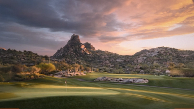 Pinnacle Peak at sunset above the Desert Highlands golf course and desert foothills
