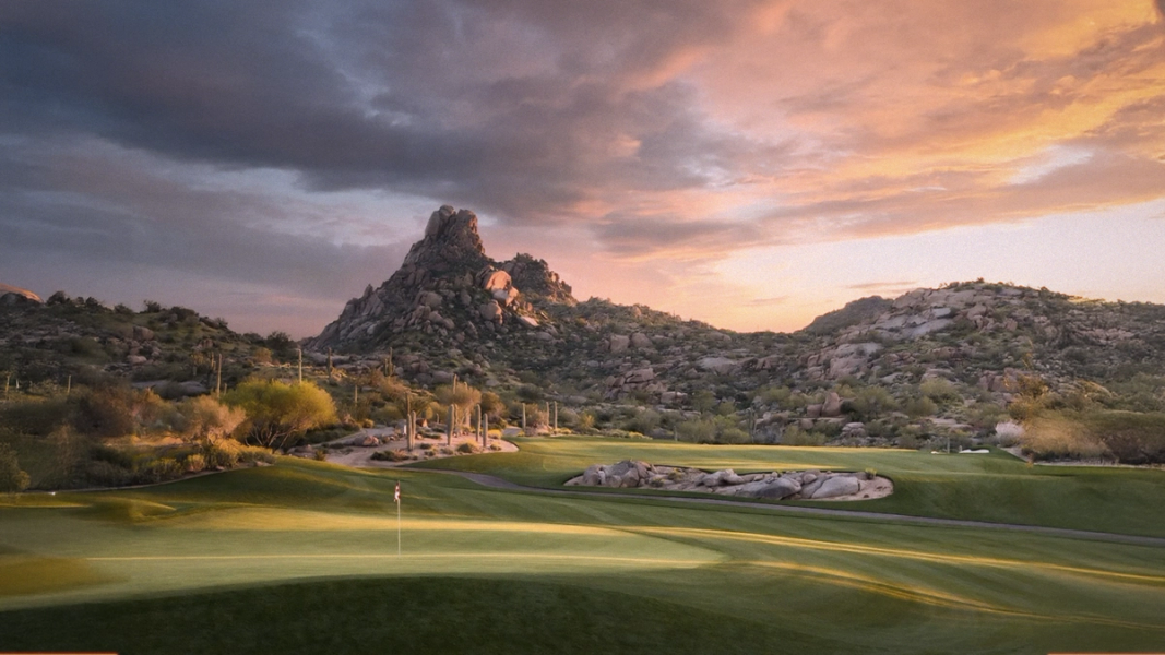 Pinnacle Peak at sunset above the Desert Highlands golf course and desert foothills