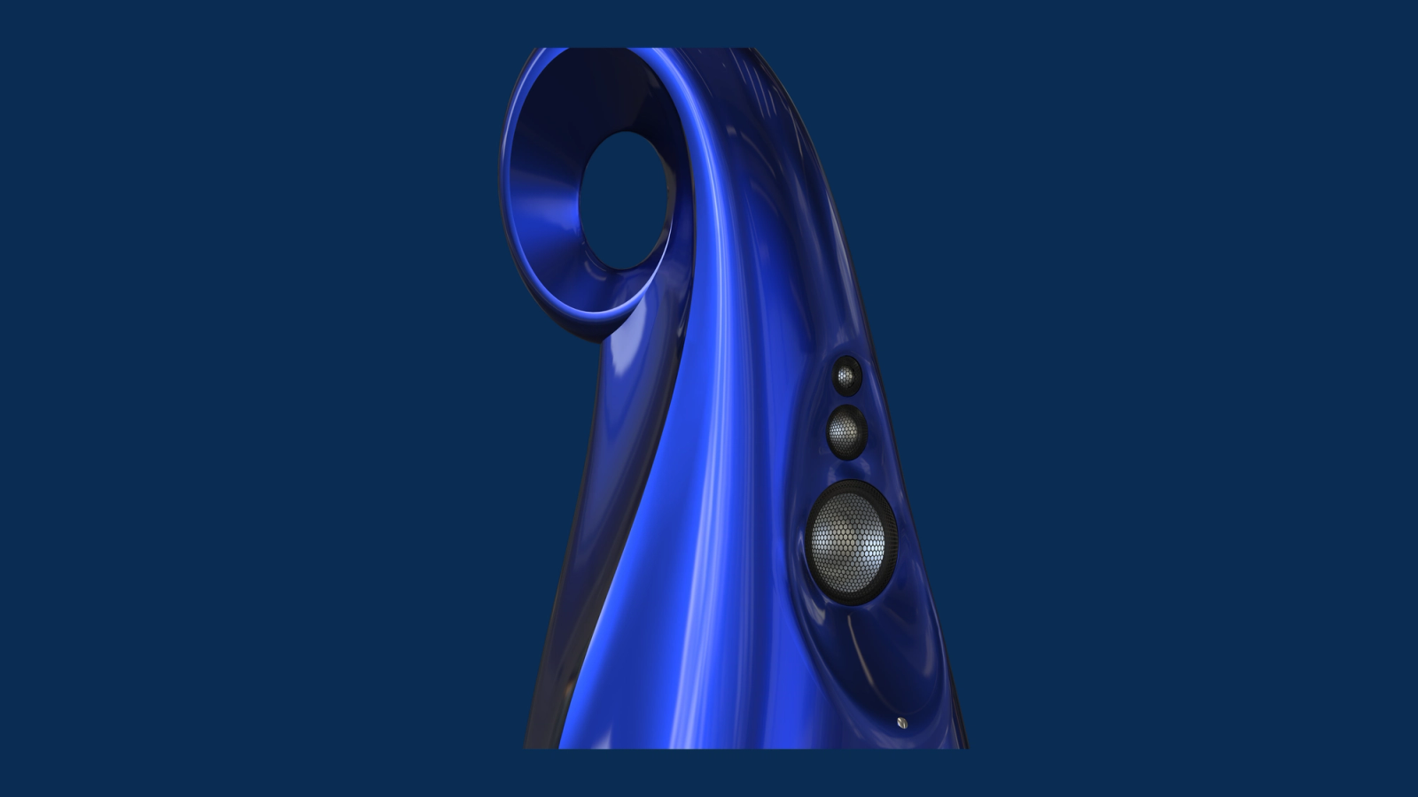 Vivid Audio Giya G1 Spirit in blue — close view of the spiral horn and upper drivers