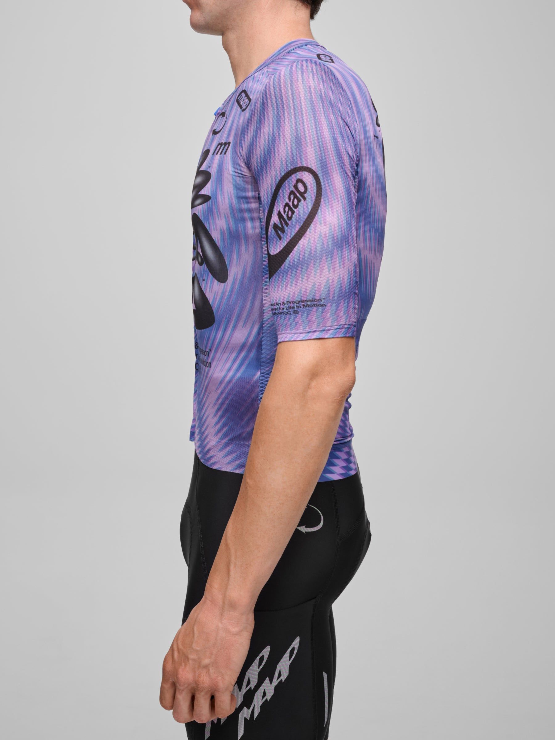 MAAP Spectrum Pro Air Jersey 3.0, glitch, on-model lateral side view, sleeve graphic detail, lightweight air-mesh fabric