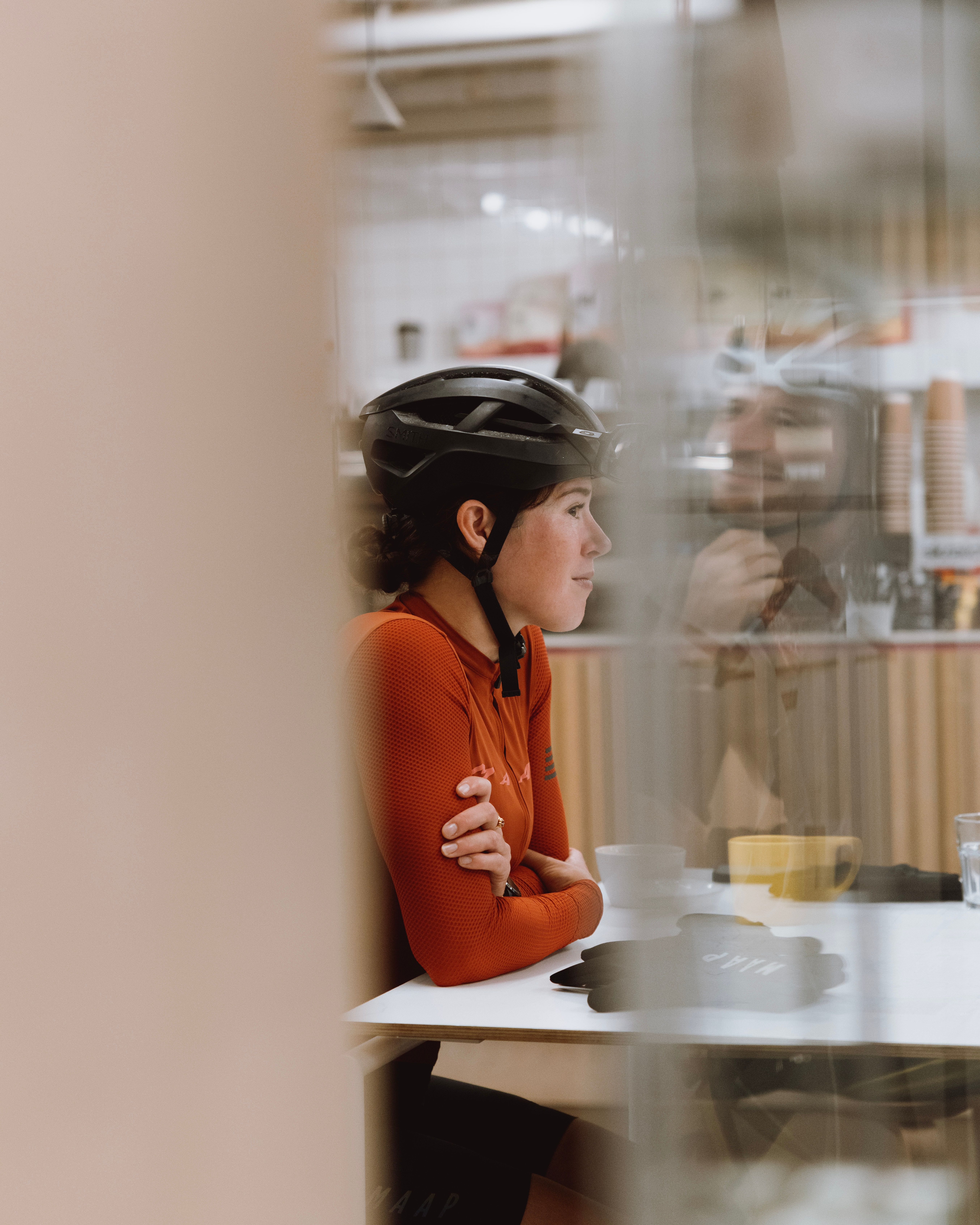 Cyclist in MAAP Apparel and helmet in Enroute
