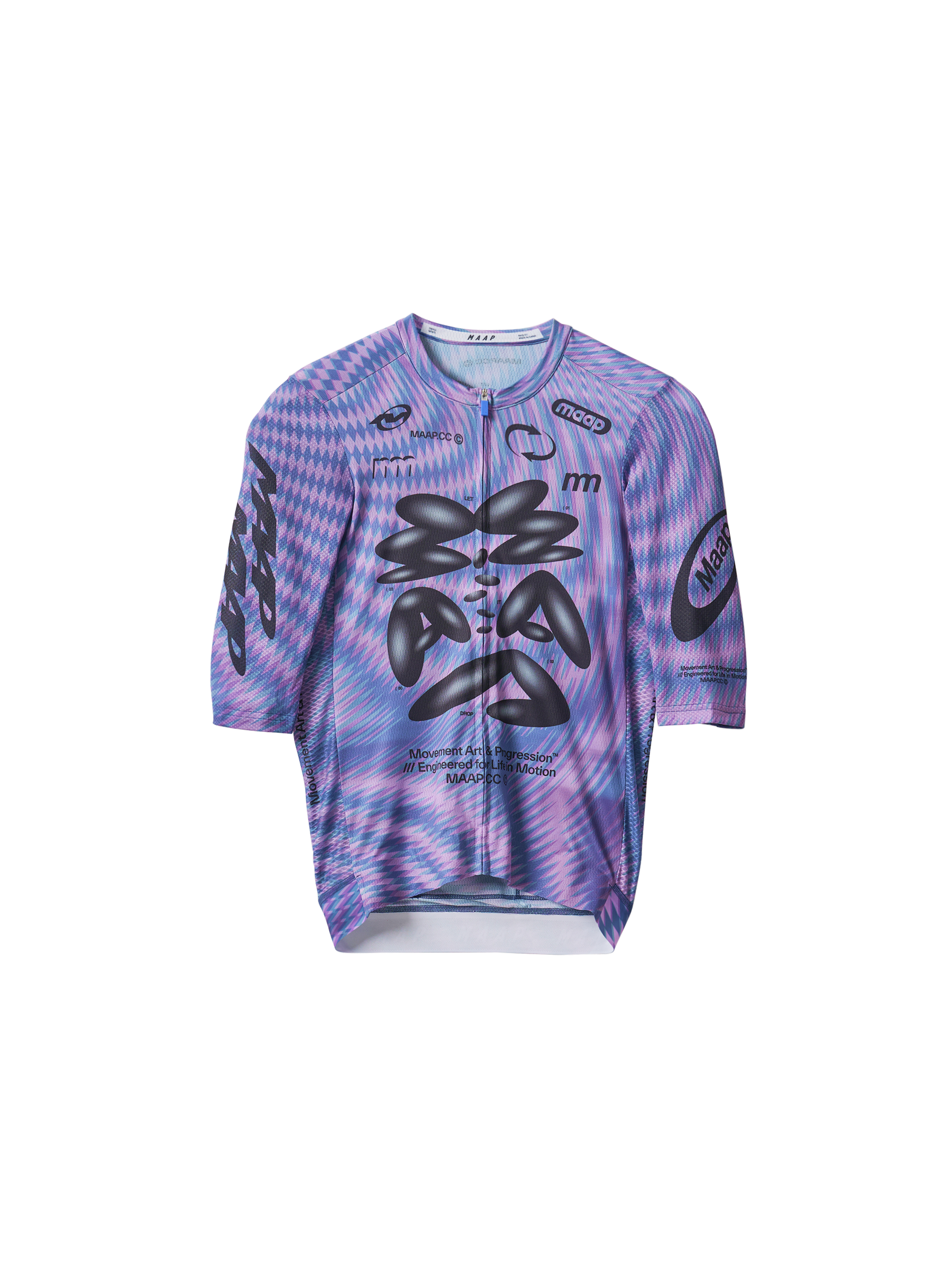 MAAP Spectrum Pro Air Jersey 3.0, glitch, flat lay front view, all-over harlequin print with abstract graphic, race-cut 