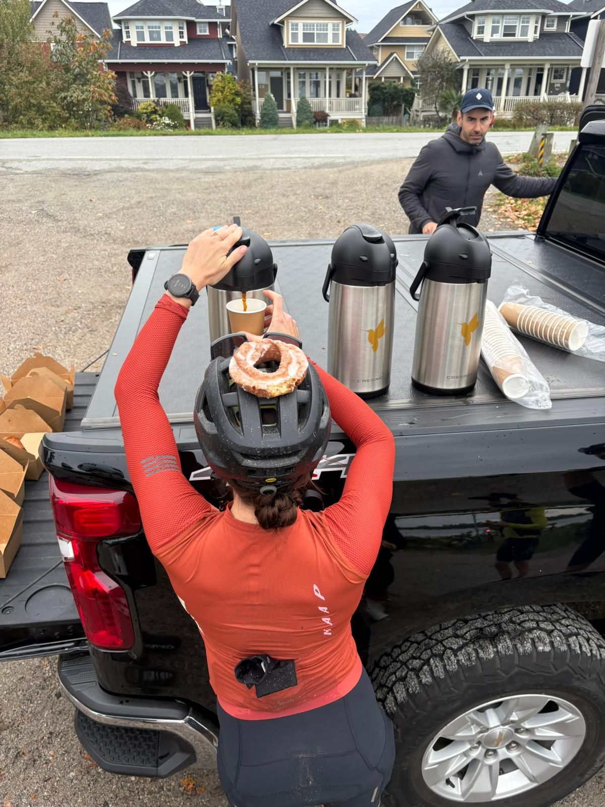 Cyclist with Donut on head