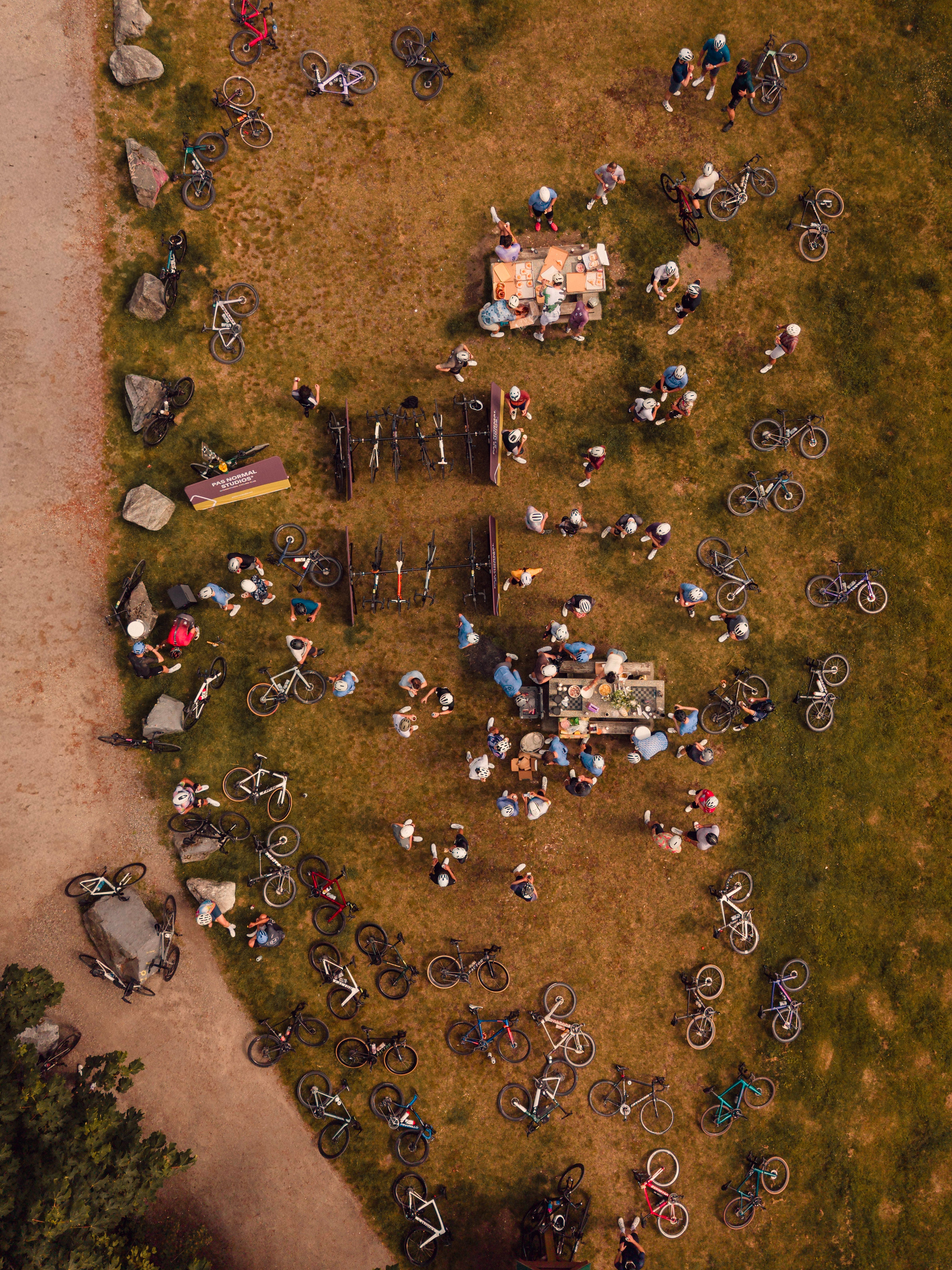 aerial photo of cyclists at Bear Mountain Park for a break