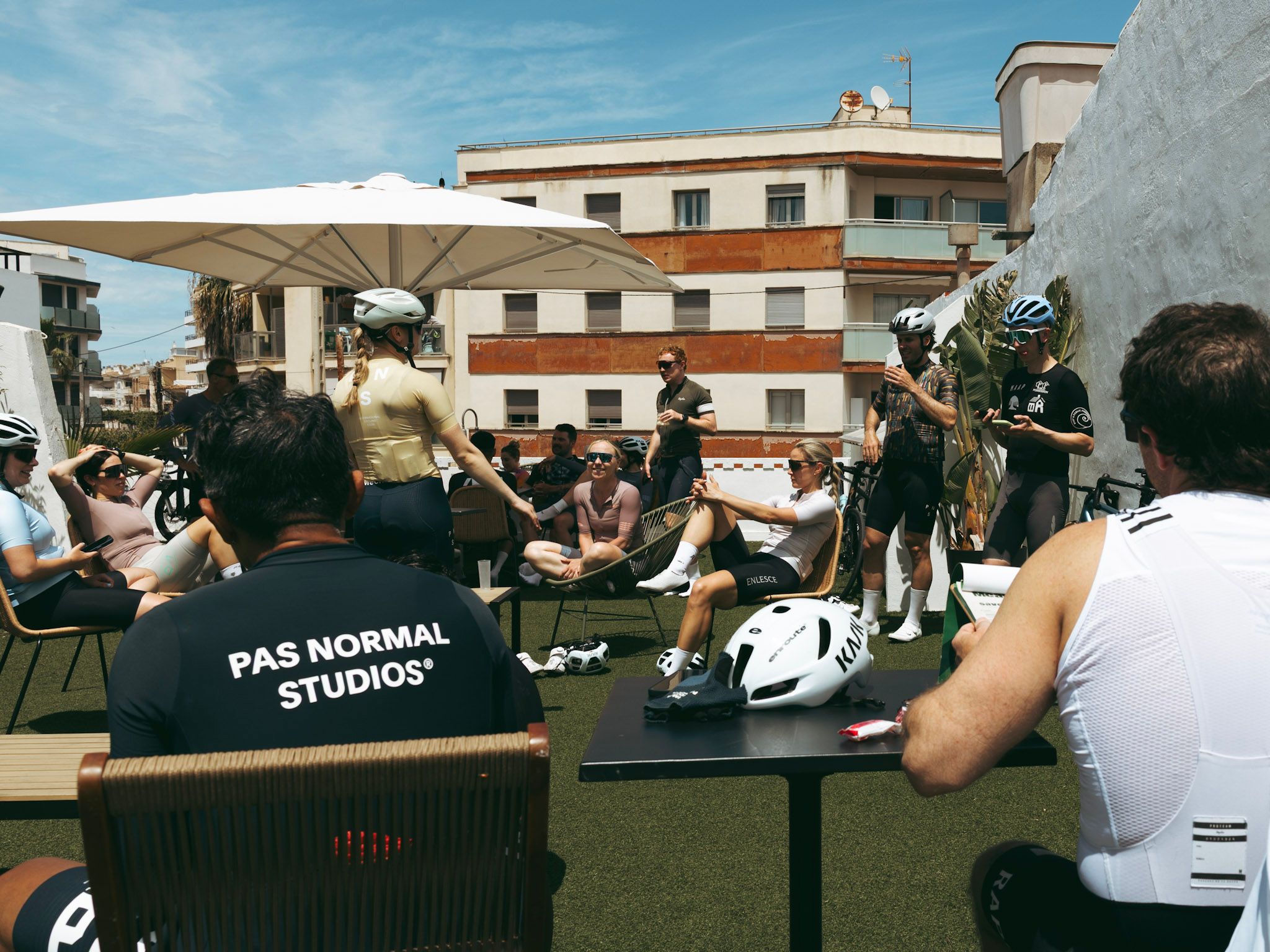 DVX Mallorca Cyclists hanging out on a rooftop