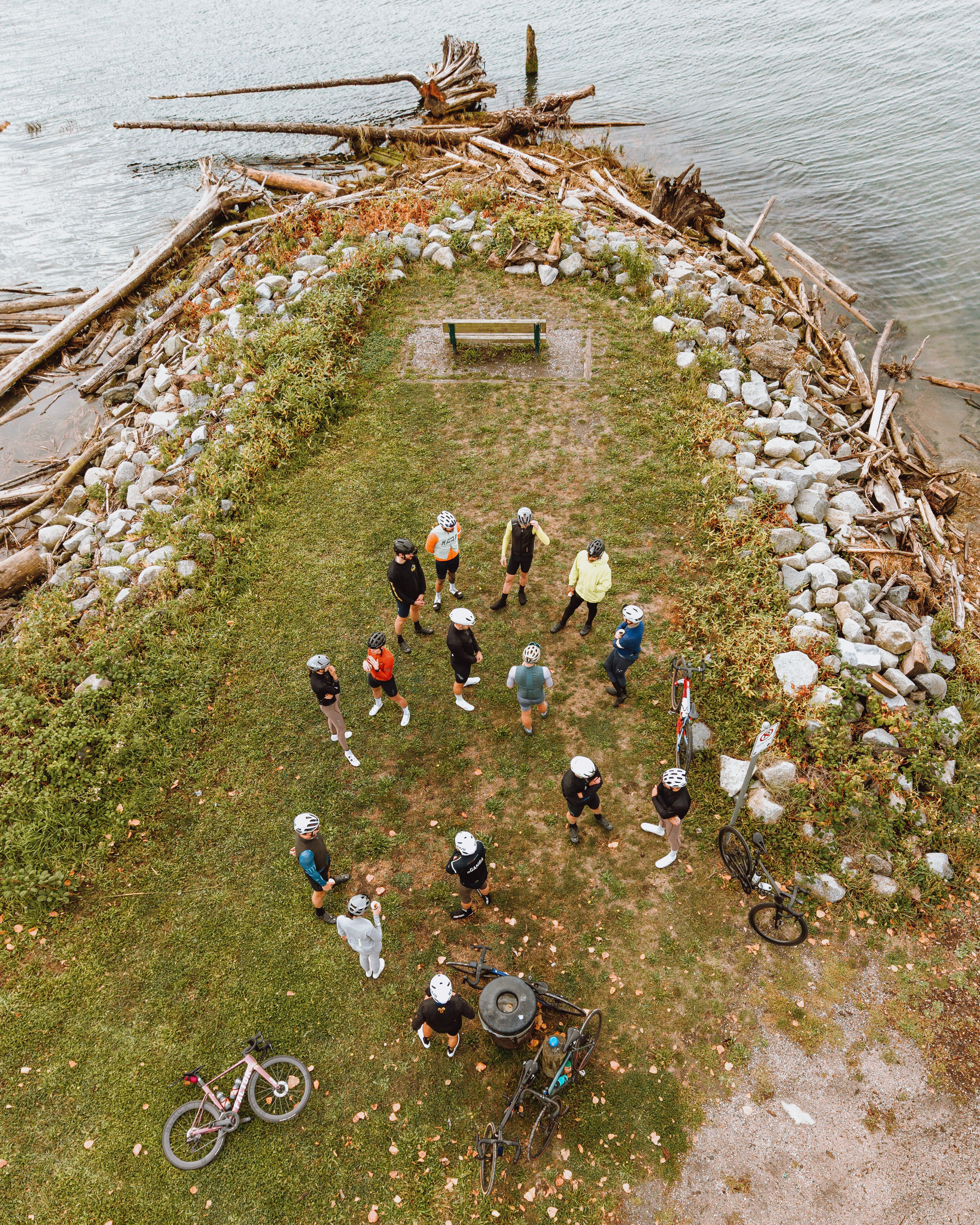 Cyclists standing in Circle in park