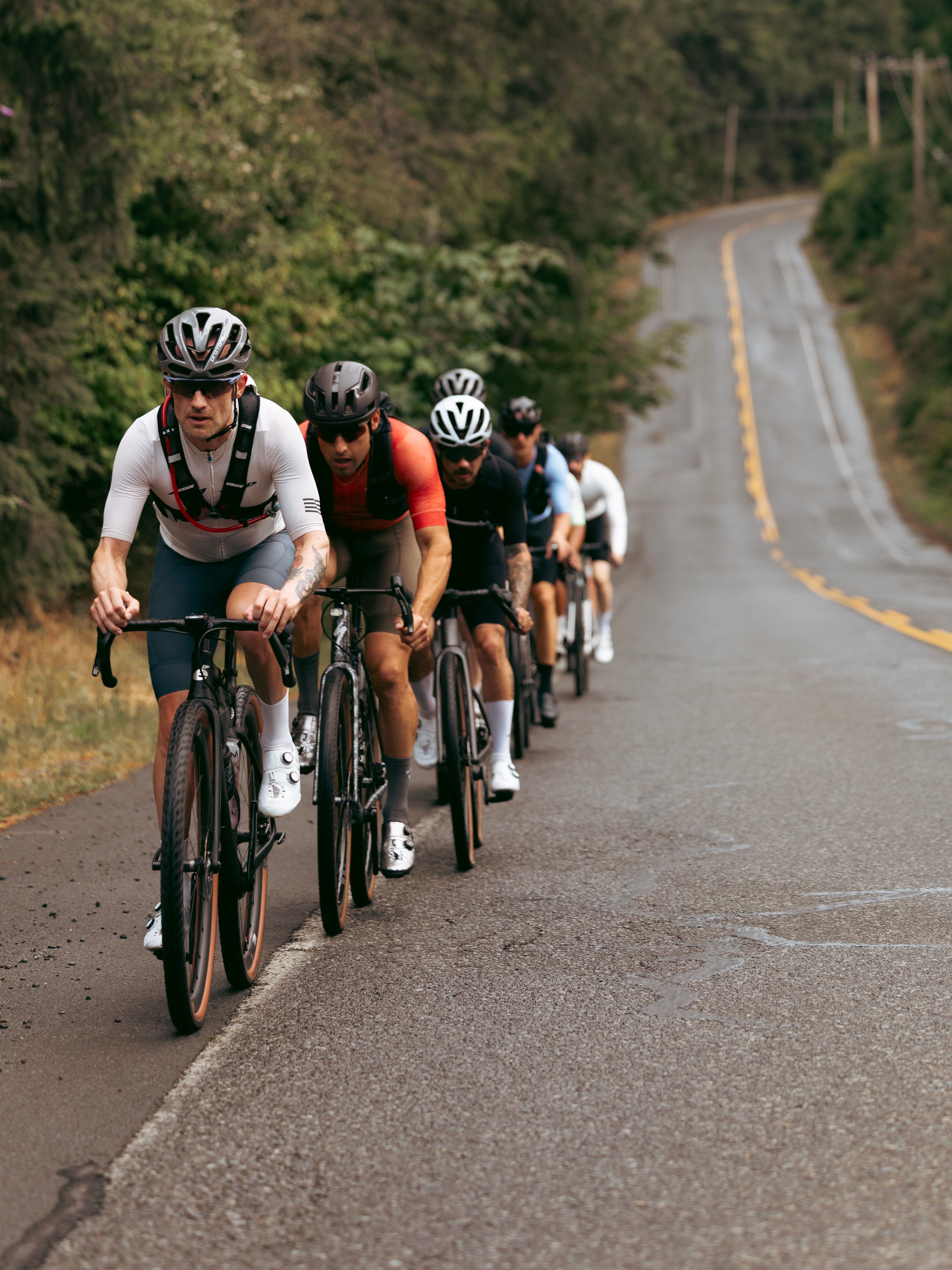 Cyclists riding in a line