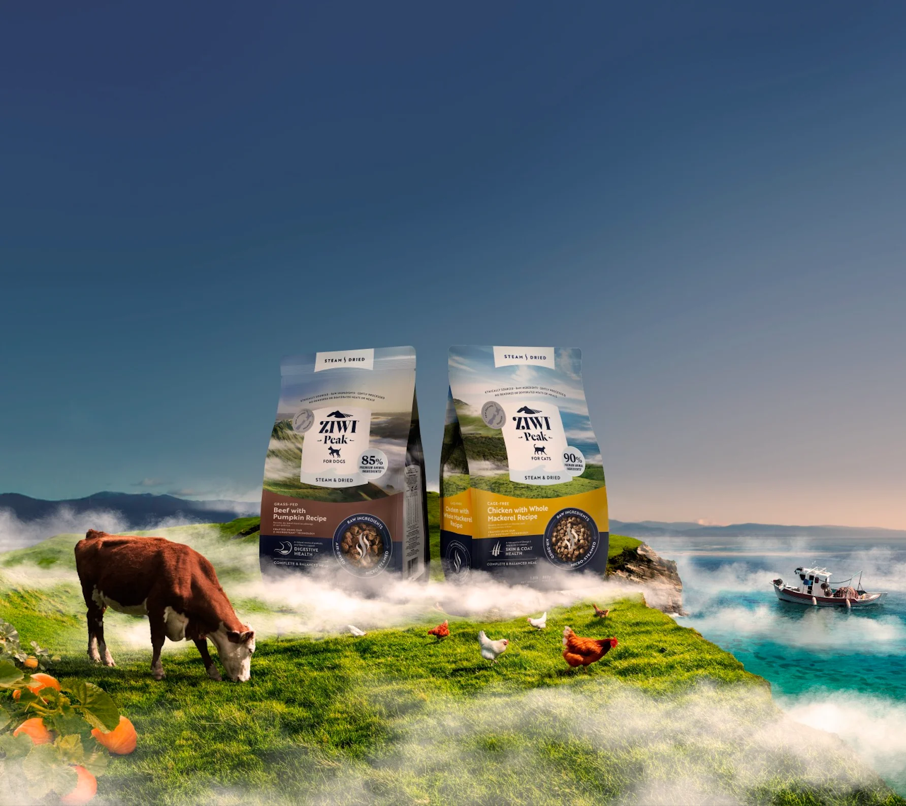 a cow and a truck with a trailer on a grassy hill by the water a cow and a truck with a trailer on a grassy hill by the water