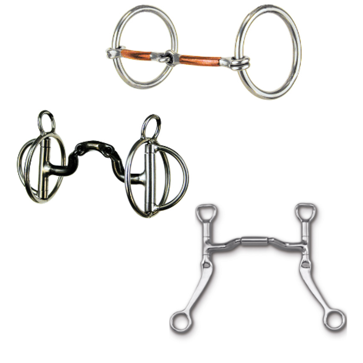 From top to bottom: Reinsman Traditional Loose Ring Snaffle, Reinsman Rockin S, Myler Flat Shank with Sweet Iron Forward Tilt Port,