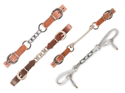 From left to right: Latigo curb with dog chain; Latigo curb strap with flat chain, Rope curb strap, Dog chain curb with nylon