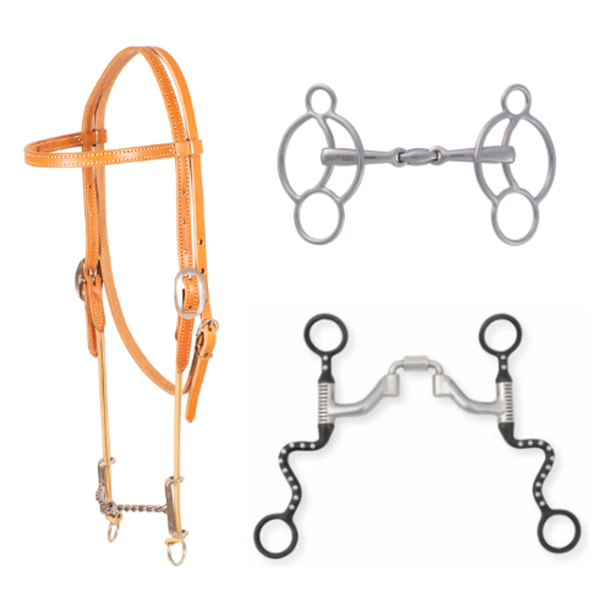 Left: Loomis Browband Headstall and Draw Gag Bit with Twisted Wire Top Right:  Stubben Easy Control 3 Ring Gag Bottom Right: Myler Black Seven Shank with Sweet Iron Correctional Ported Barrel