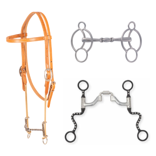 Left: Loomis Browband Headstall and Draw Gag Bit with Twisted Wire Top Right: Stubben Easy Control 3 Ring Gag Bottom Right: Myler Black Seven Shank with Sweet Iron Correctional Ported Barrel