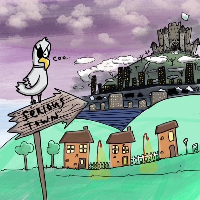 A children's illustration by Carl Wylie showing an eye-patched bird sitting on the sign for 'Serious Town' - a spooky looking place to live