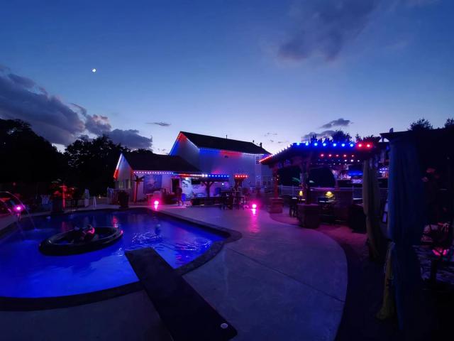 Poolside lighting in red, white and blue