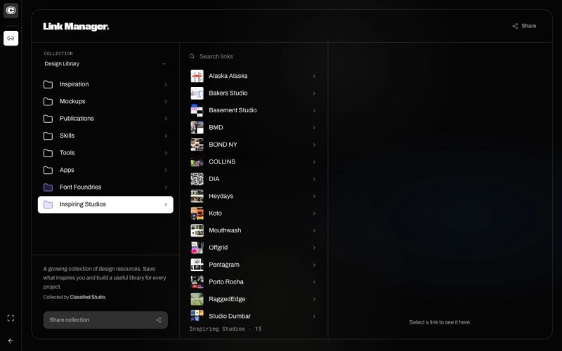 Link Manager with the Inspiring Studios collection open