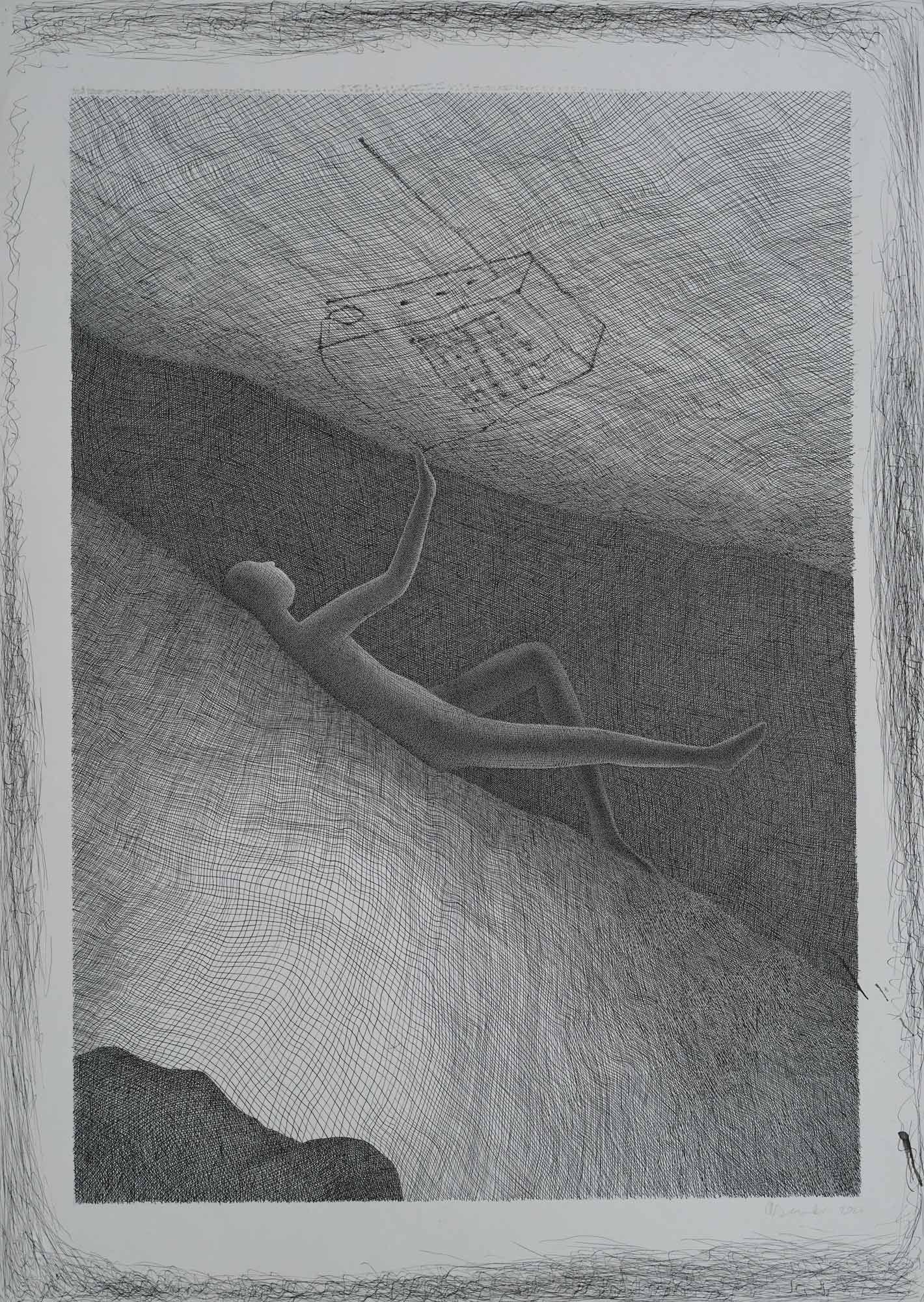 Mark Alexander's pen and ink art: supine figure in a cave with wavy patterns and a sketched old radio above.