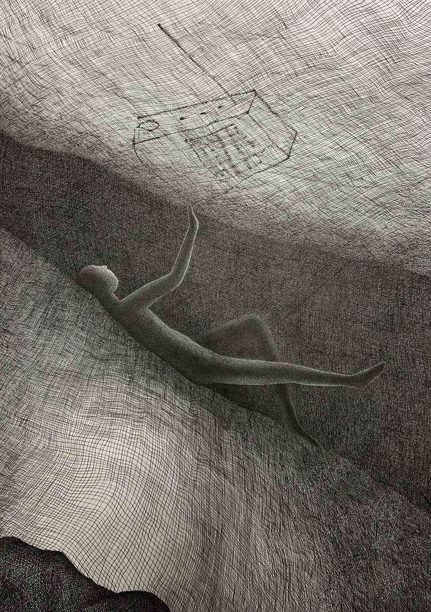 Mark Alexander's pen and ink art: supine figure in a cave with wavy patterns and a sketched old radio above.