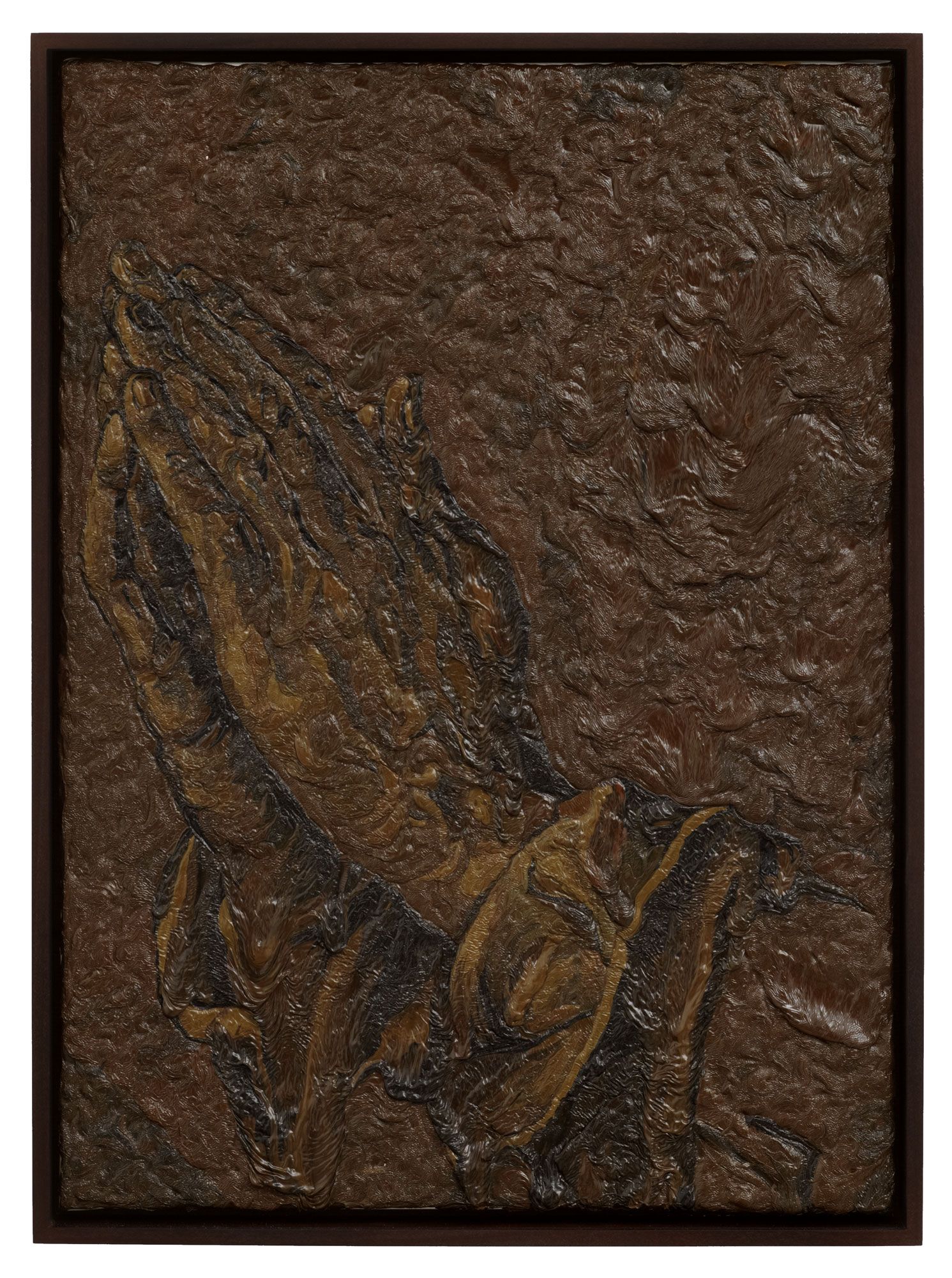 Reinvention of Albrecht Dürer's Praying Hands in thick brown and yellow oil paints.