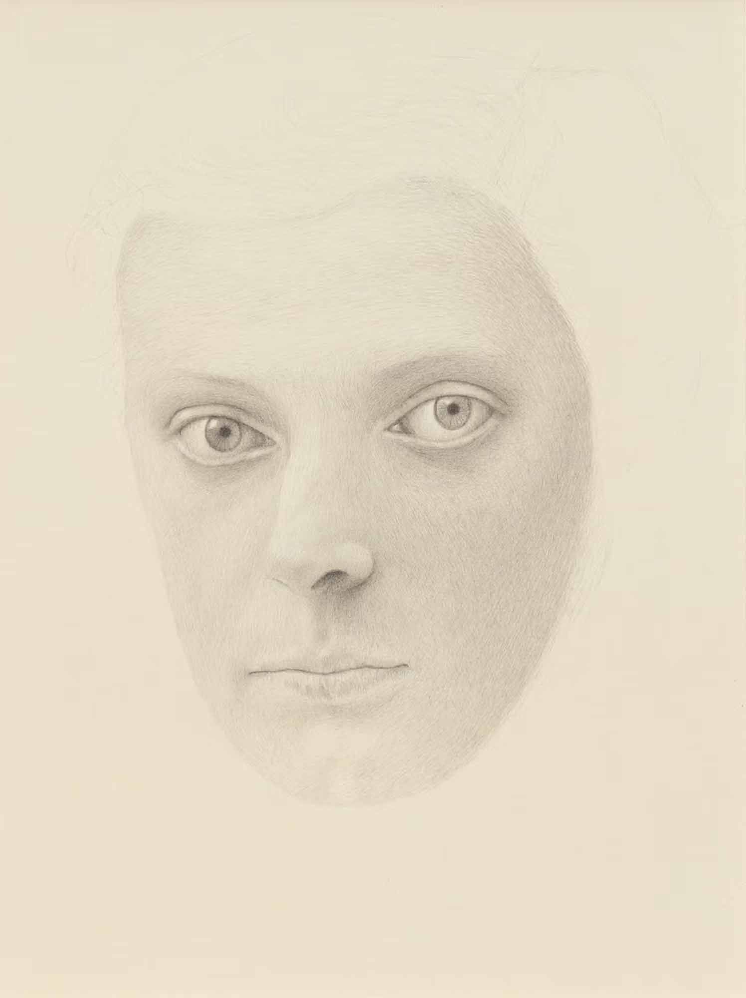 Detailed pencil sketch of a contemplative face with piercing eyes and subtle shading by Mark Alexander.