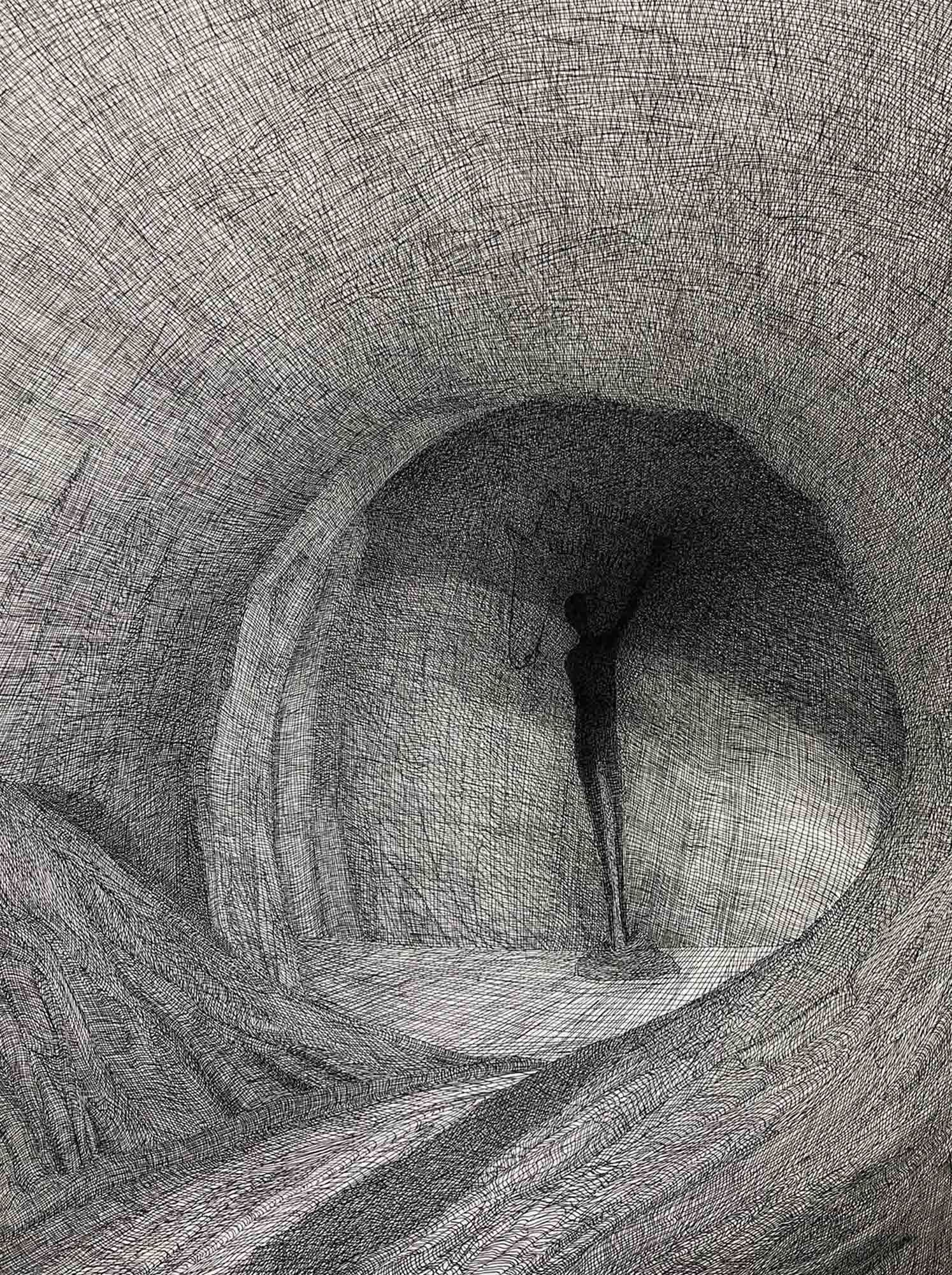 Mark Alexander's pen and ink depiction: Unearthly, shadowy figure sketches on a cave wall.