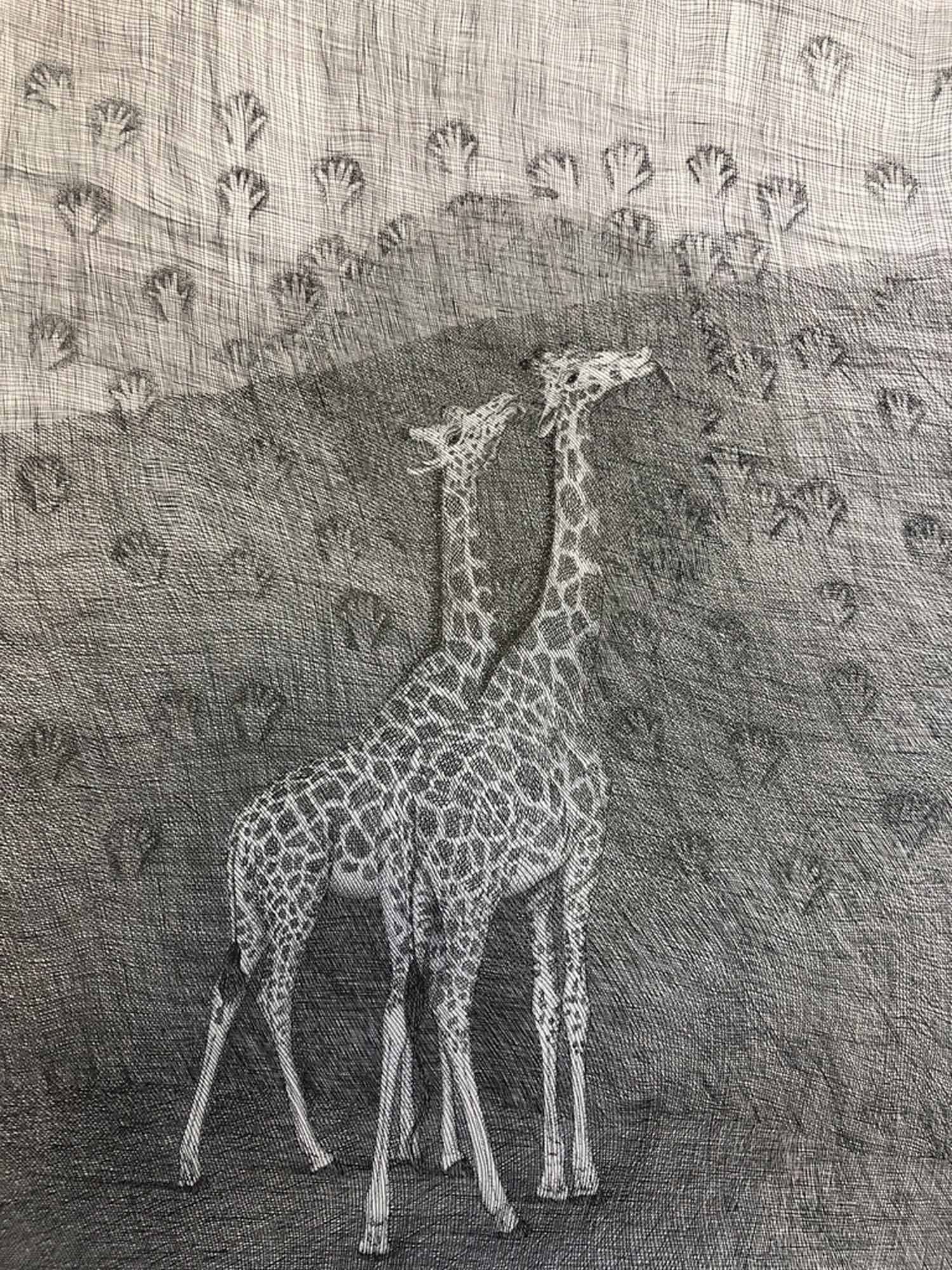 Mark Alexander's ink sketch: Two giraffes amid patterned background with repeating handprints.