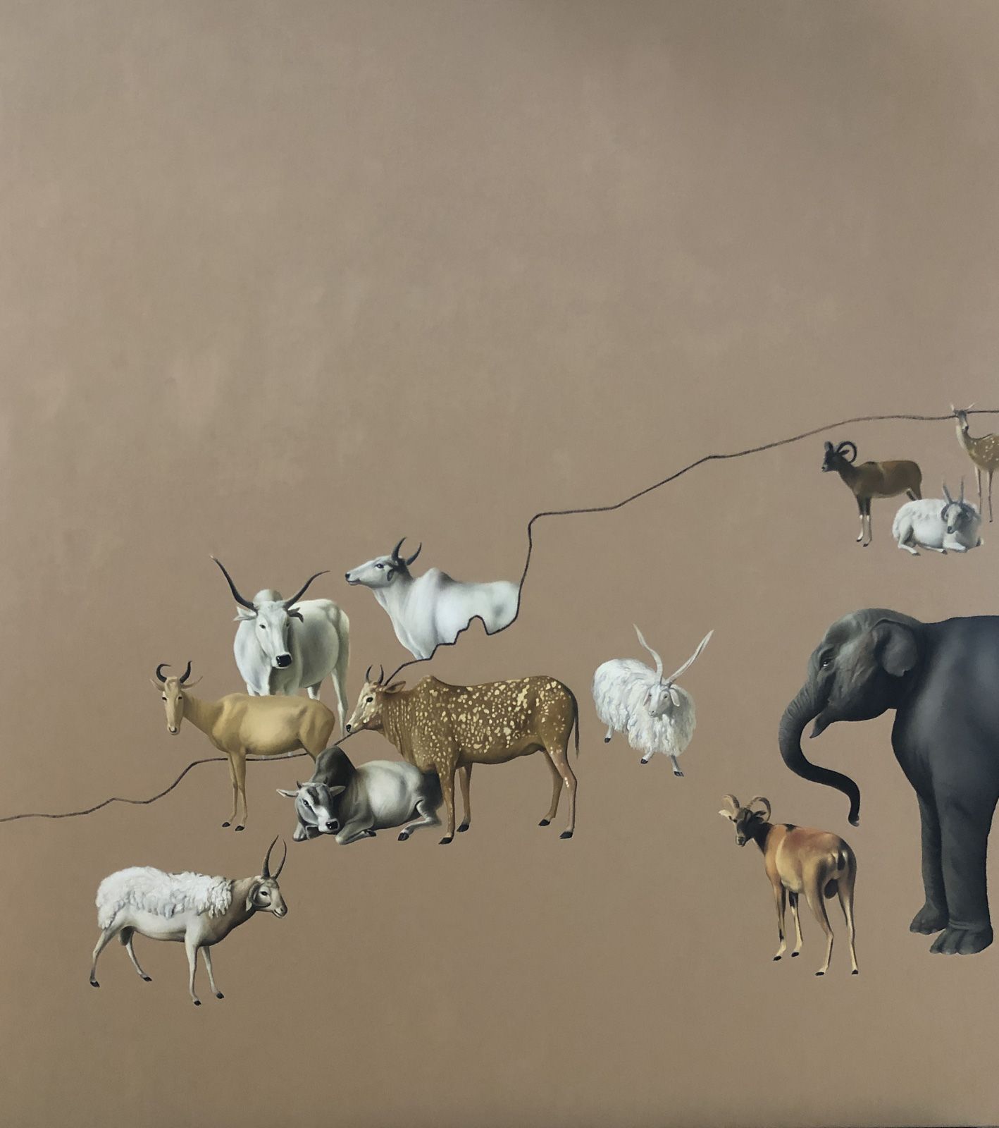 Minimalistic paintings of a group of animals on plain beige background featuring elephants, cows and goats amongst others.