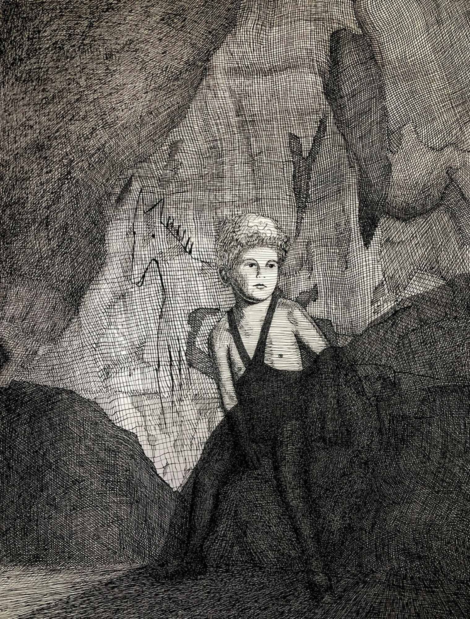 Mark Alexander's ink artwork: Young boy standing contemplatively in a textured cave.