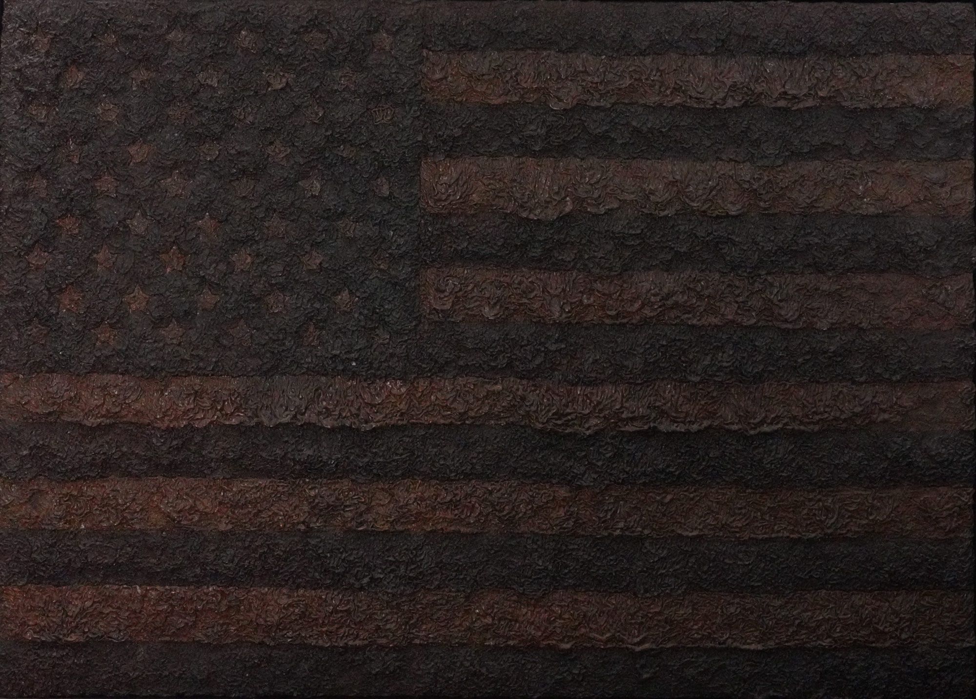 American flag painted in very thick oil paint , various shades of black , getting more and more wrinkled and darker over the years