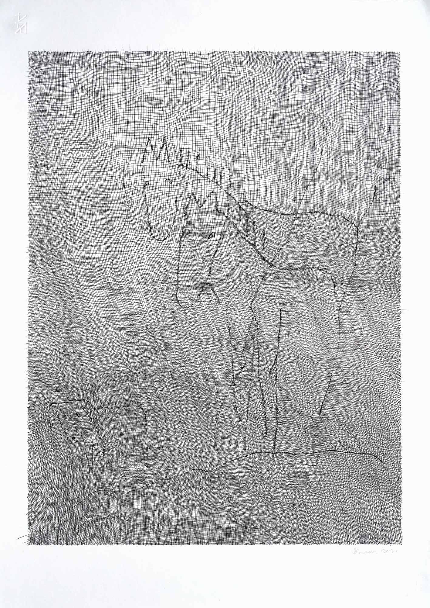Pen and ink art by Mark Alexander; abstract horses on a textured grid backdrop with subtle shading.