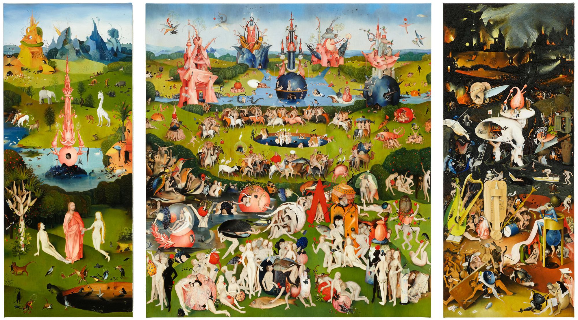 intricate reimagining of Hieronymus Bosch’s magnum opus, "The Garden of Earthly Delights" (1490-1510)