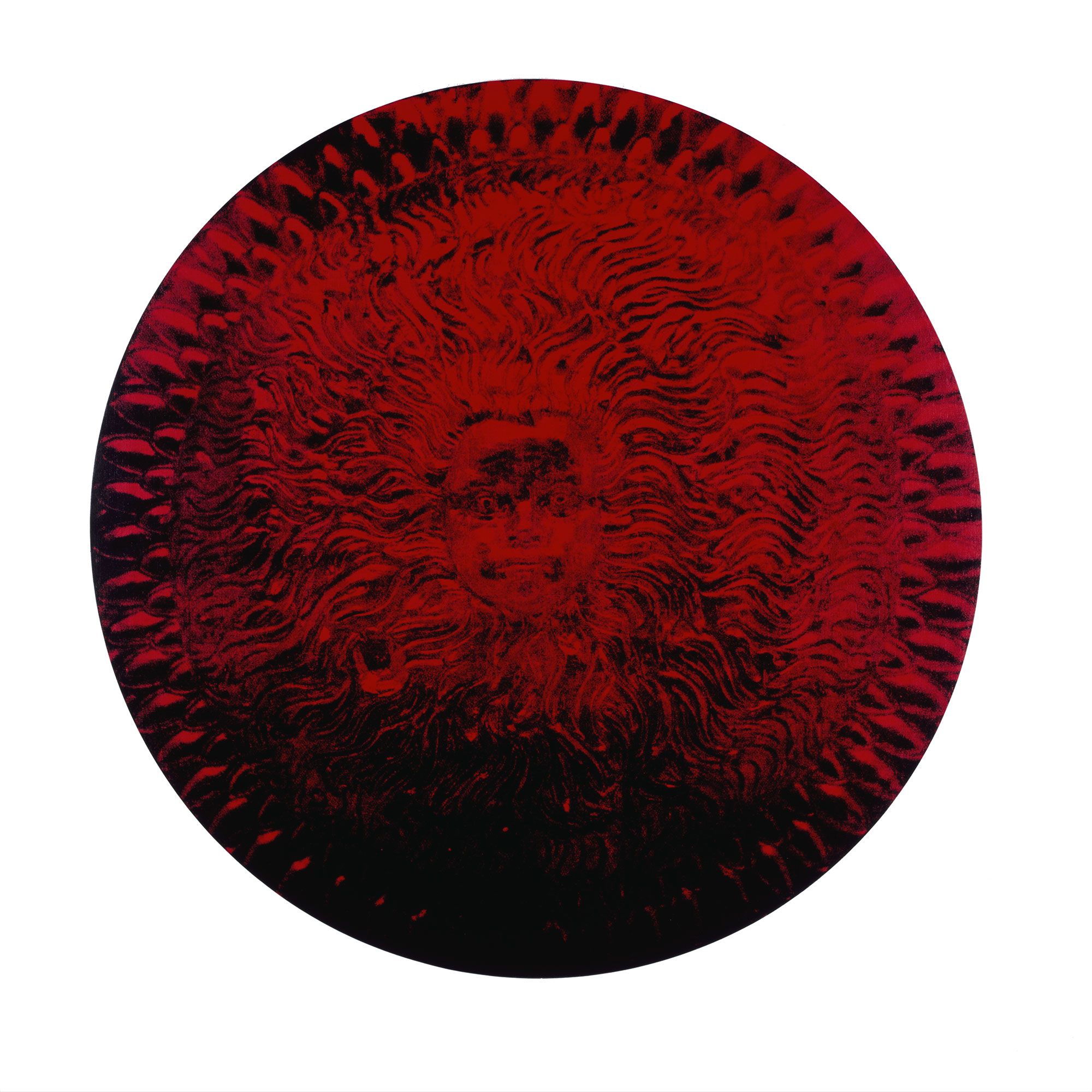 Oil on round canvas painting of a child's face in centre of Greek battle shield. (Red version)