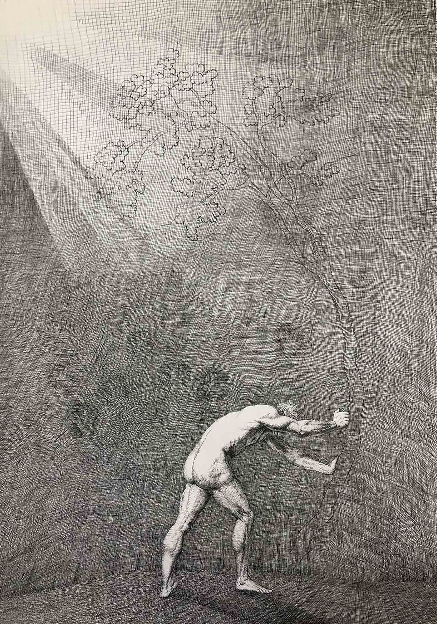 Mark Alexander's pen and ink drawing: Buff figure pushes against cave wall, sunlight beams to his left.