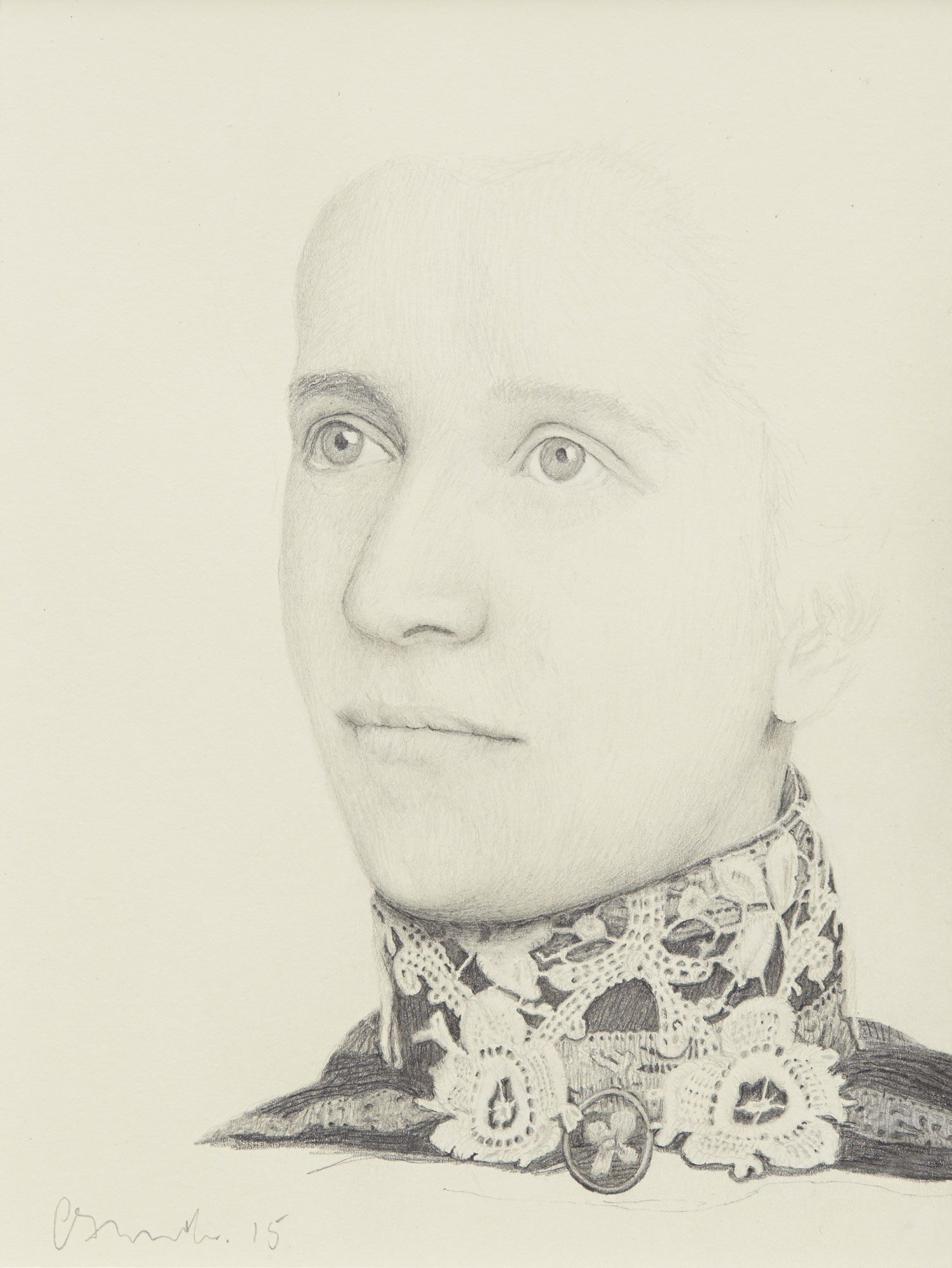 Pencil on paper drawing of German woman with fancy neck attire.