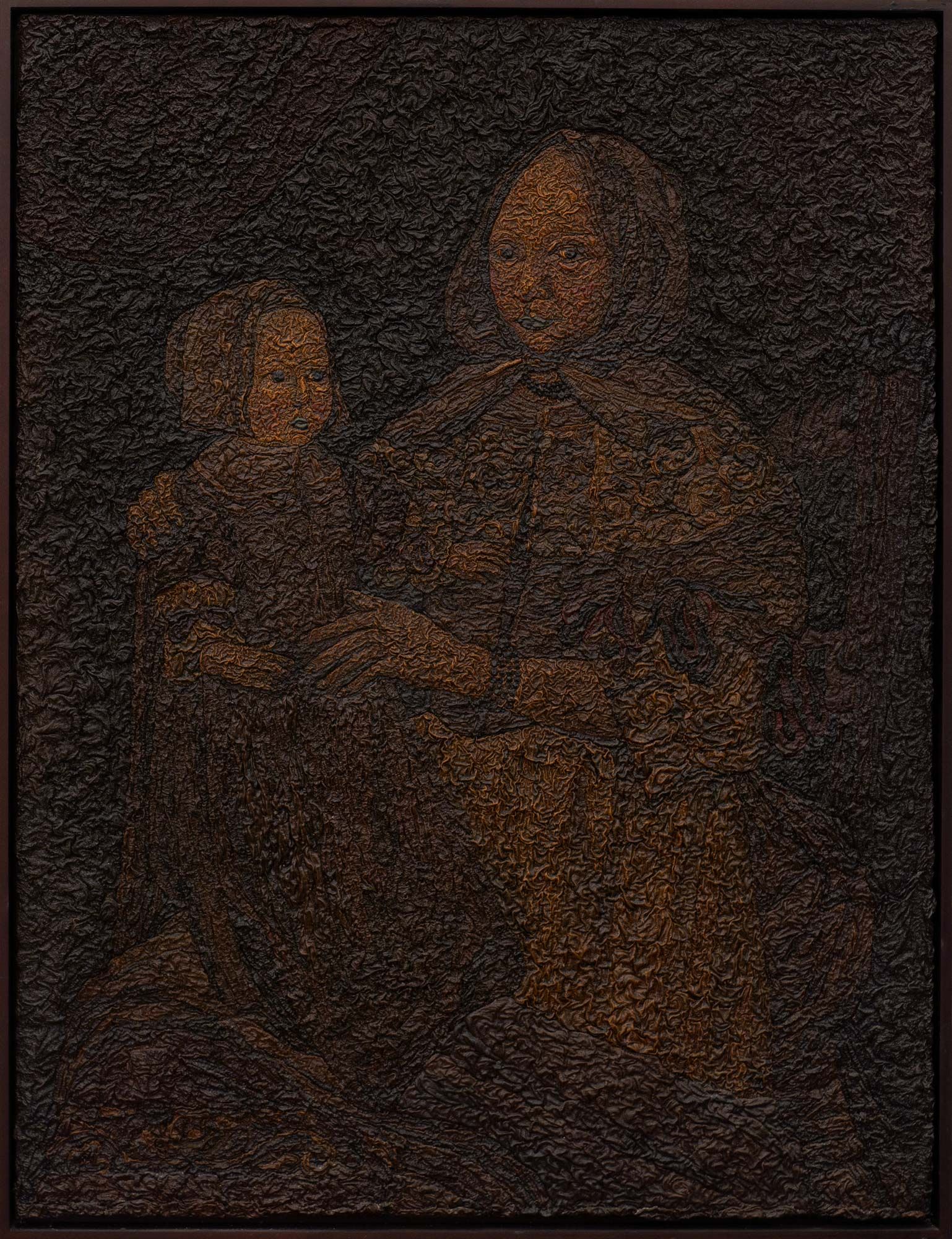Painting of Mother and child , one of the first portraits of an American family to be painted , painted here in browns read and green in Alexander’s so called bog style , imitating the look of the ancient bog bodies found in Northern Europe 