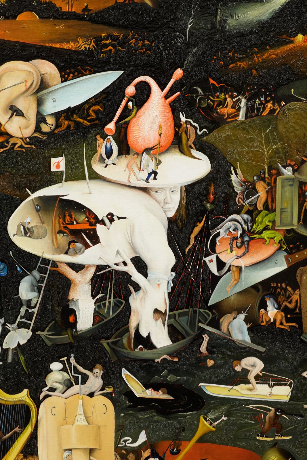 Intricate reimagining of Hieronymus Bosch’s magnum opus, "The Garden of Earthly Delights" (1490-1510) - Detail.