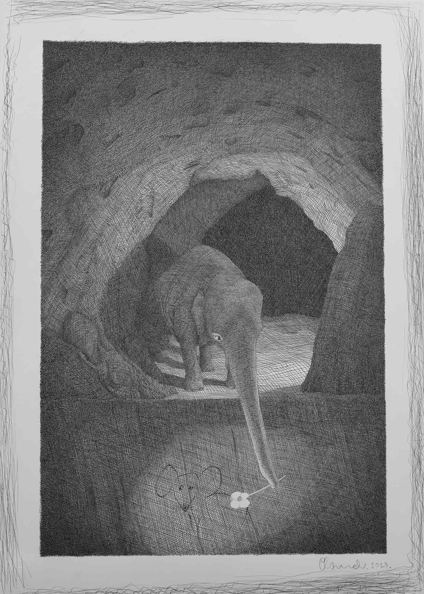 Pen and ink by Mark Alexander: Elephant with flower in trunk leans over cave edge, reaching for sketched mouse.