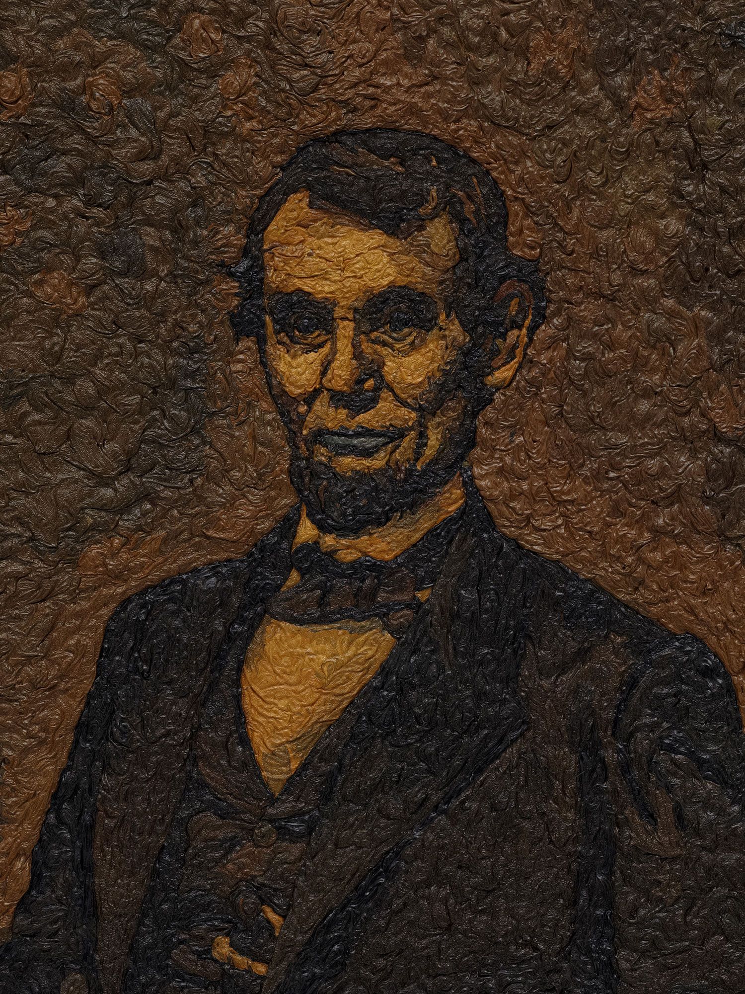 Brown and yellow painting of Abraham Lincoln.