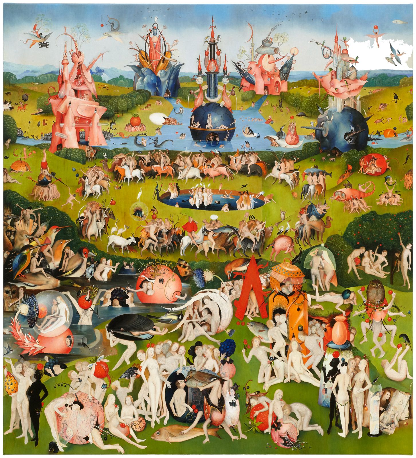 Intricate reimagining of Hieronymus Bosch’s magnum opus, "The Garden of Earthly Delights" (1490-1510) by Mark Alexander.