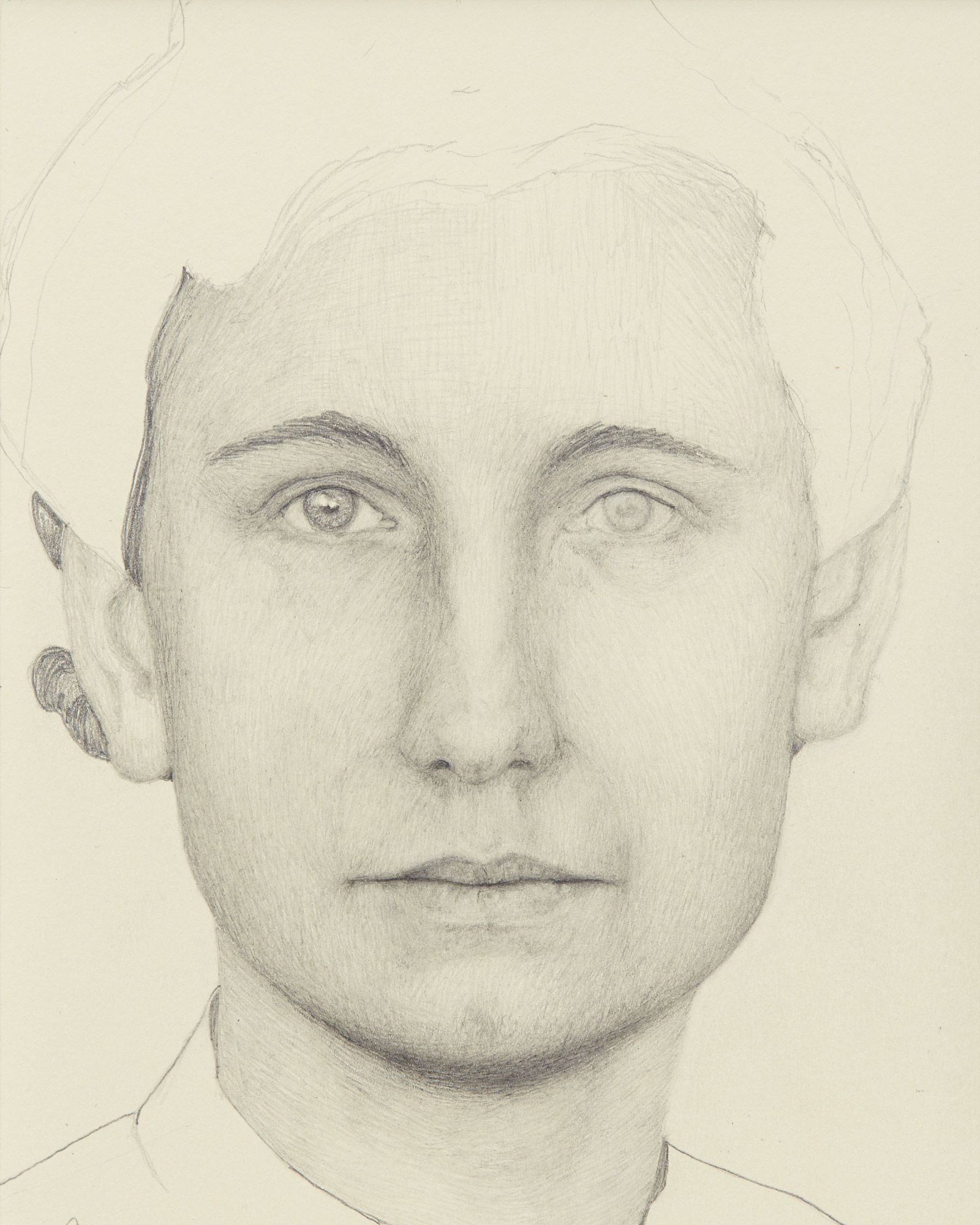 Detailed pencil sketch of a person's face with prominent eyes, unfinished hair outlines, and subtle facial features on a light background.