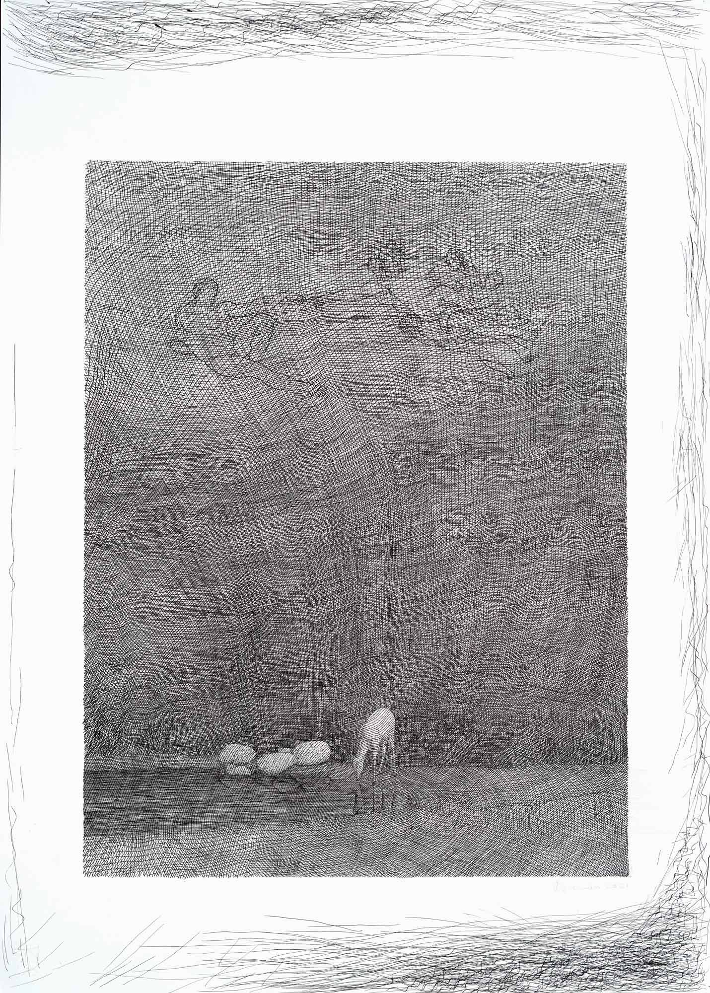 Mark Alexander's pen and ink art: Deer sips from cave pool, faint outline of 'Creation of Adam' above.