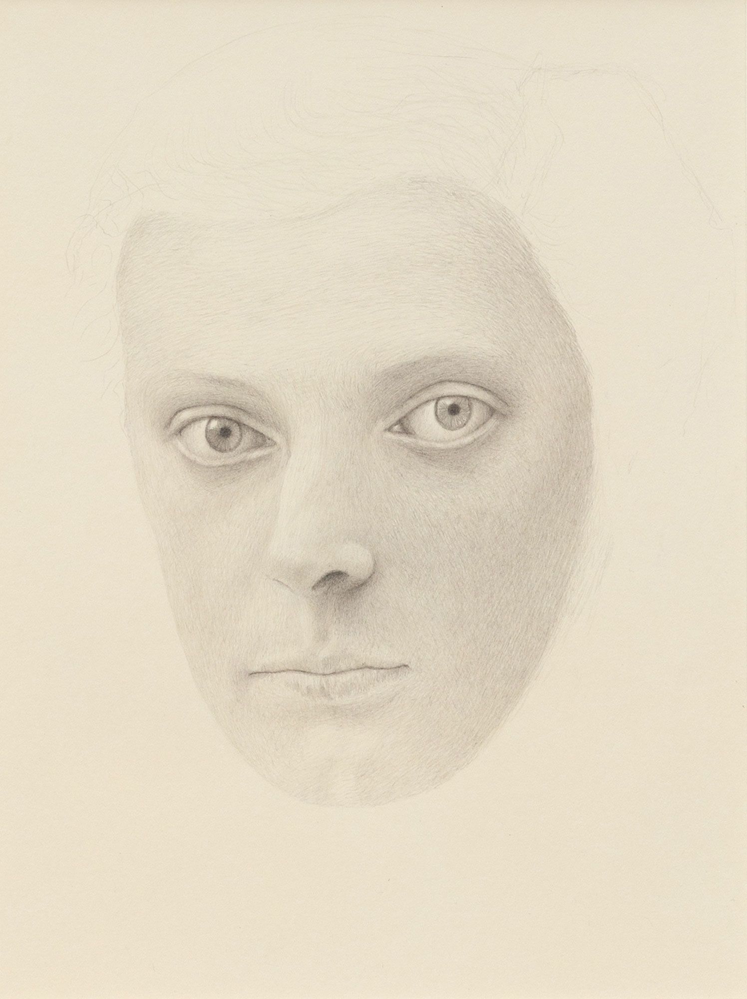 Detailed pencil sketch of a contemplative face with piercing eyes and subtle shading by Mark Alexander.