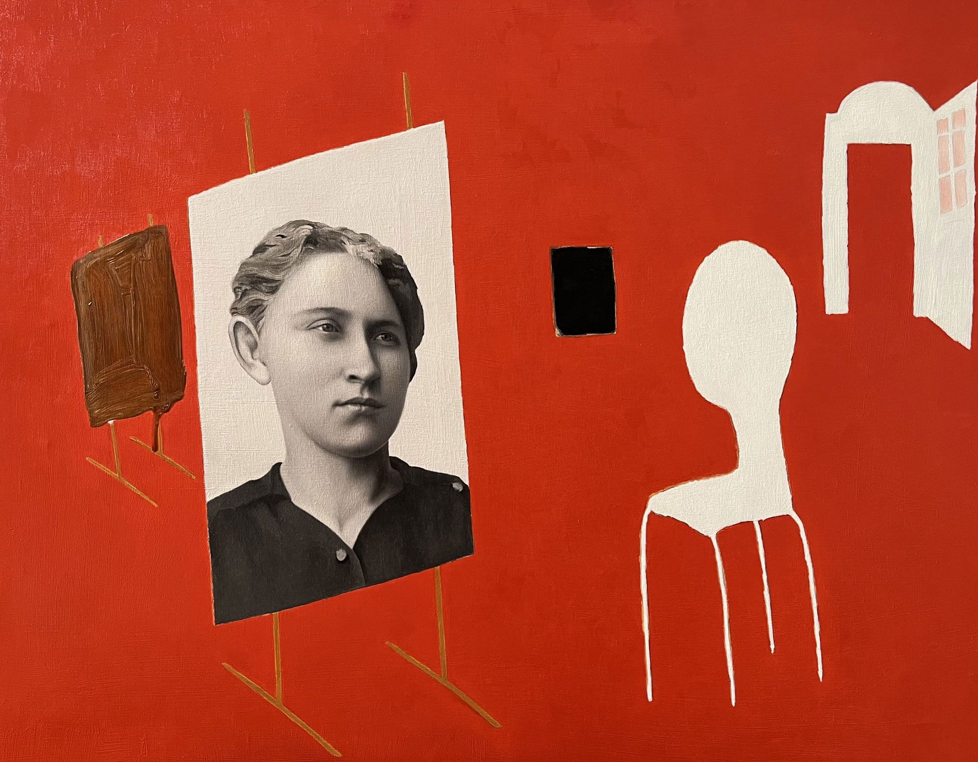 Mark Alexander's oil on canvas: vivid red background with monochrome female portrait, abstract shapes.