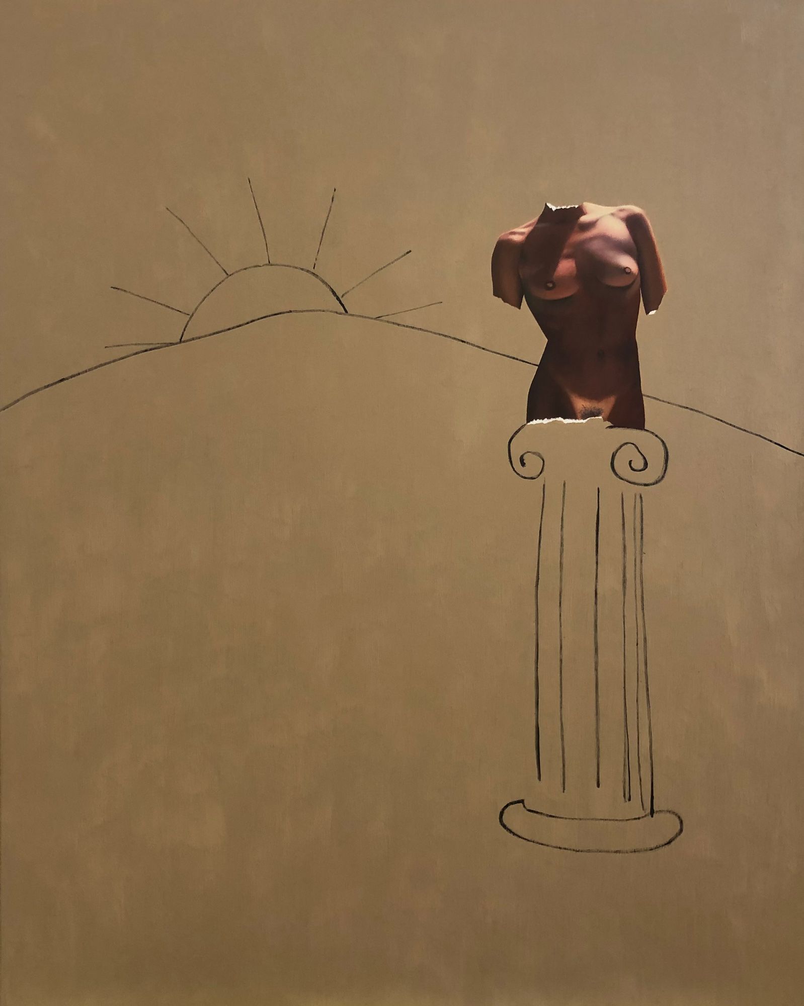 Bronzed torso in column with sun rising behind.