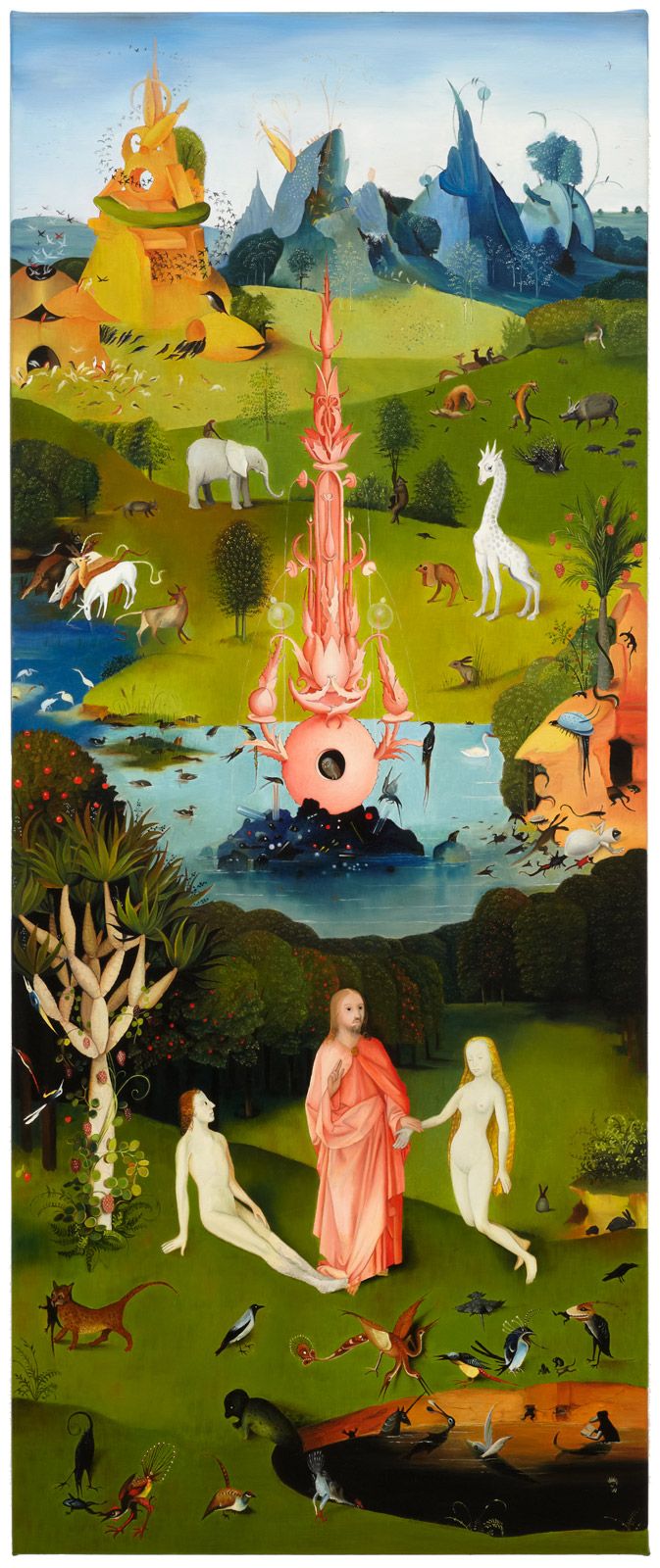 Intricate reimagining of Hieronymus Bosch’s magnum opus, "The Garden of Earthly Delights" (1490-1510) with God and Adam and Eve.
