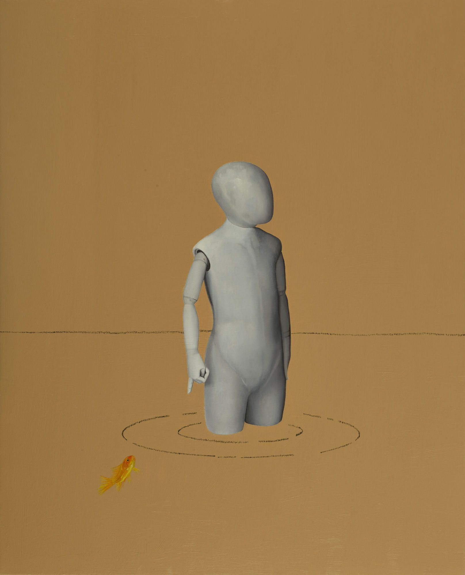 Mark Alexander's oil painting depicts a mannequin pointing to a goldfish on a terracotta-hued canvas.