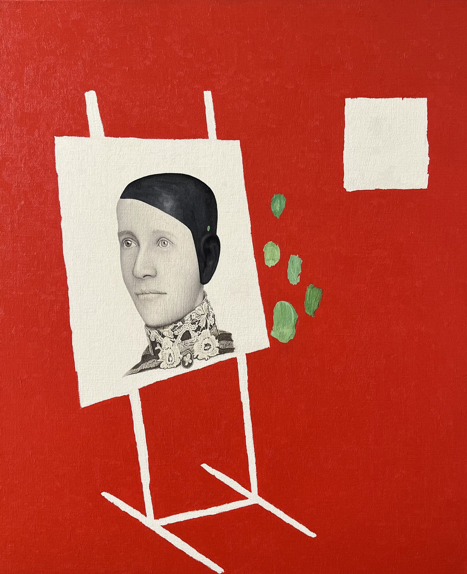 Mark Alexander's oil on canvas artwork (72 x 58 cm, 2017) showcases a monochrome portrait on an easel set against a vivid red background, interspersed with abstract green and white elements.