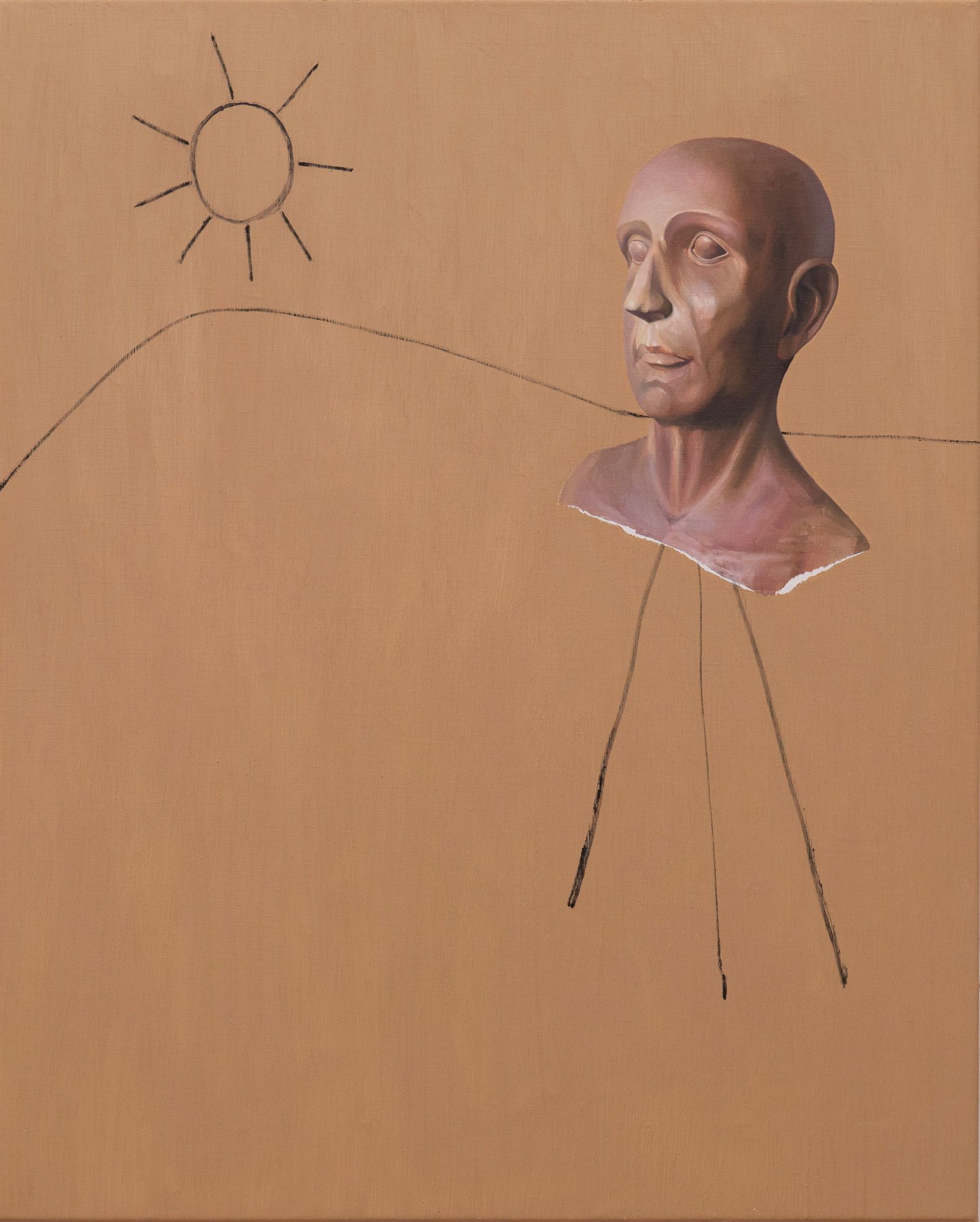 Minimalist reddish-beige art with photorealistic wooden man's face on a tripod
